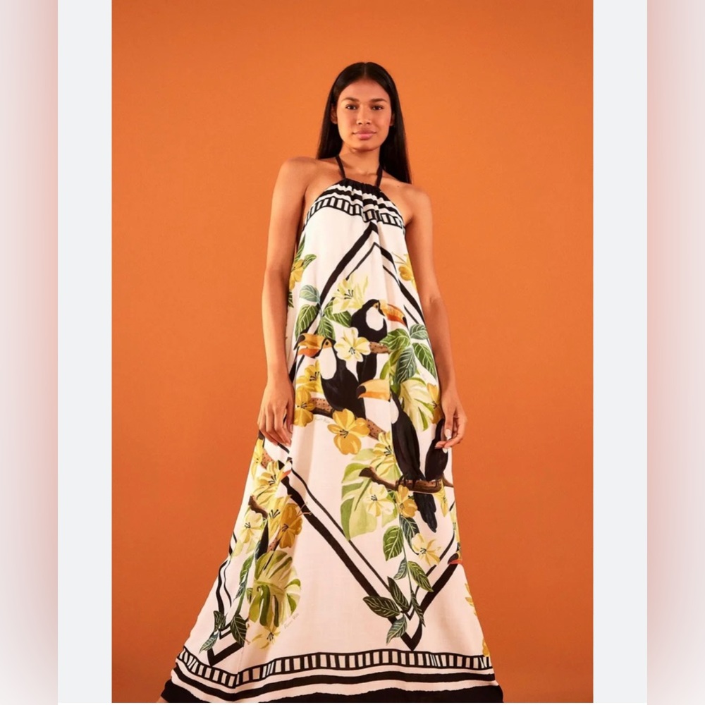 FARM Rio White Tropical Toucan Halter Maxi Dress